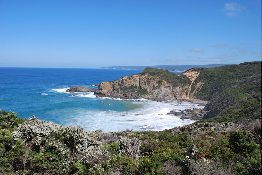 Panoramic view of a cove and the ocean.