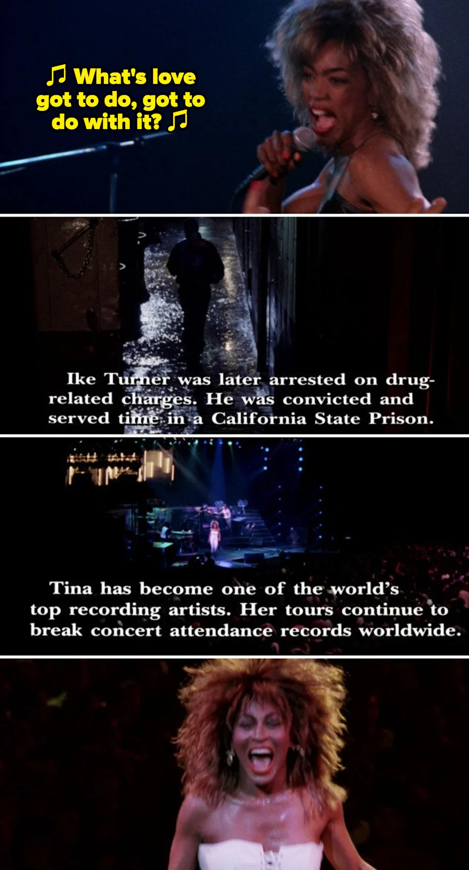 Angela Bassett singing as Tina Turner, then a cut-to the real Tina Turner performing live in concert in the 1980s