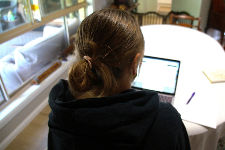 Woman with back to the camera examines laptop at kitchen table