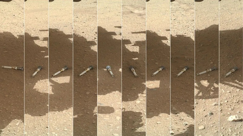 A photomontage shows sample tubes collected by NASA’s Perseverance Mars rover on the surface of Mars between December 2022 to January 2023. To figure out of the carbon is biological in nature, the samples will need to come home (NASA/JPL-Caltech/MSSS)