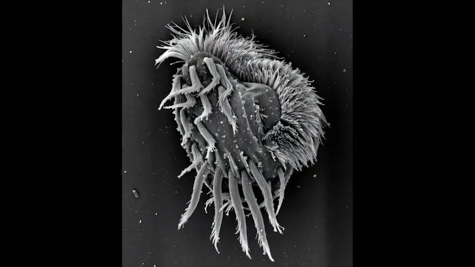 Euplotes gigatrox cell, imaged by scanning electron microscopy (SEM) (Rensselaer Polytechnic Institute)