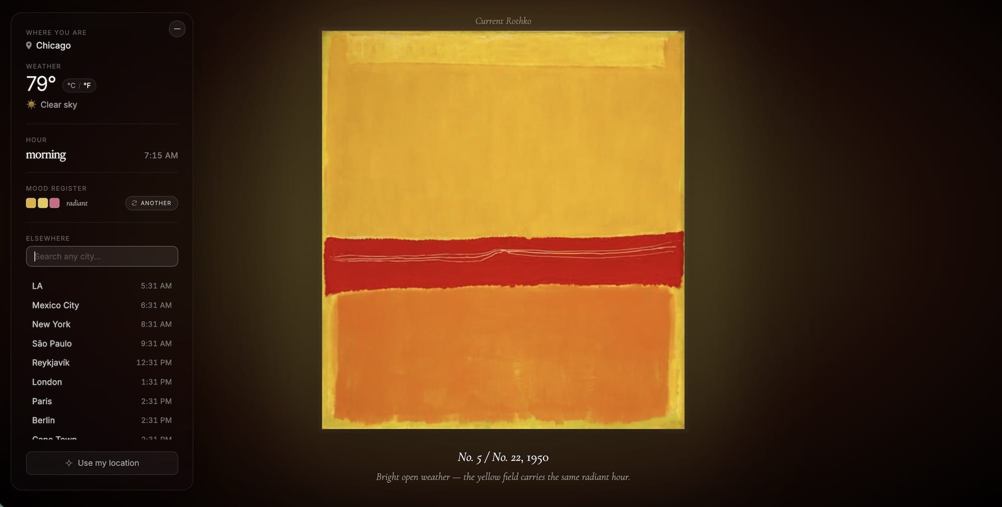 a website screenshot of a basic weather report for Chicago featuring a bright yellow and orange painting by Mark Rothko