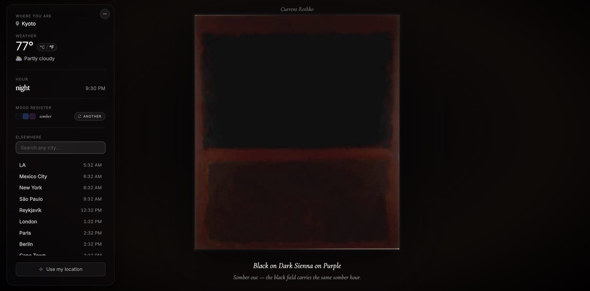 a website screenshot of a basic weather report for Kyoto, Japan, featuring a dark painting by Mark Rothko