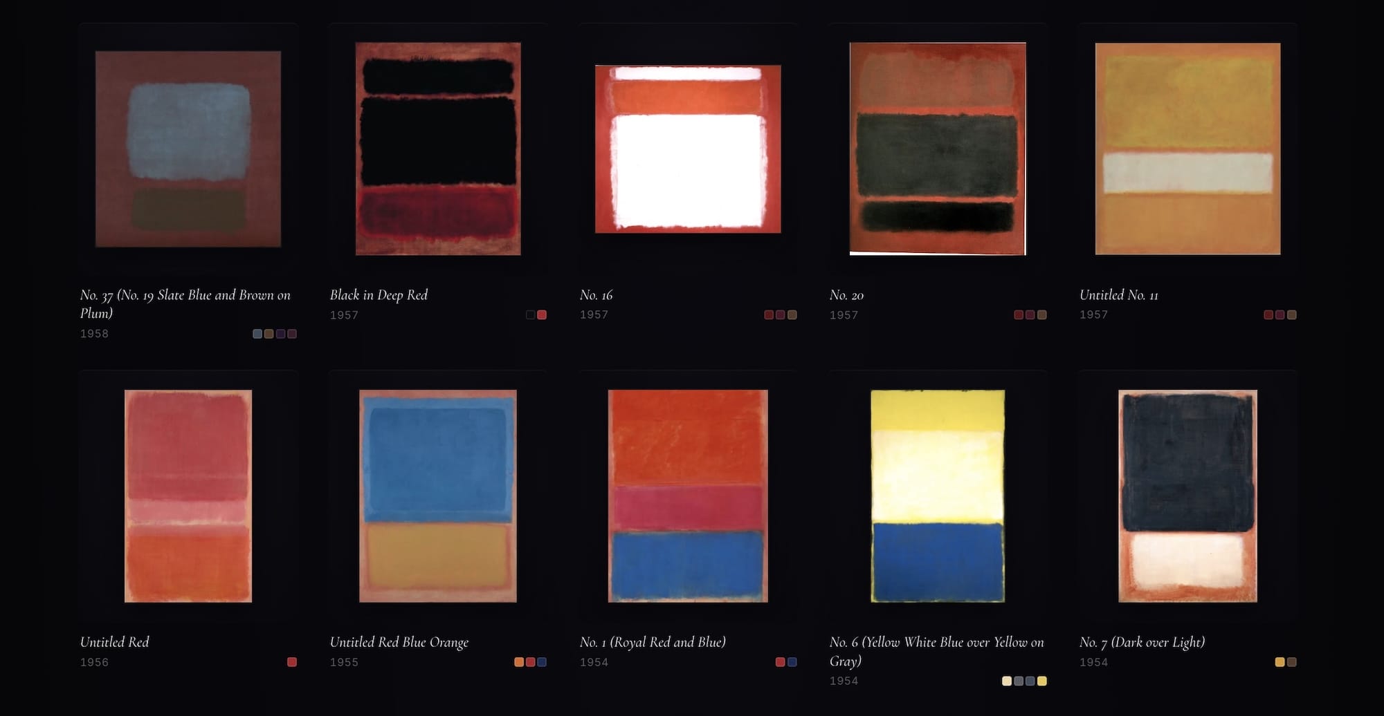 a website screenshot with a series of 10 paintings by Mark Rothko on a black background