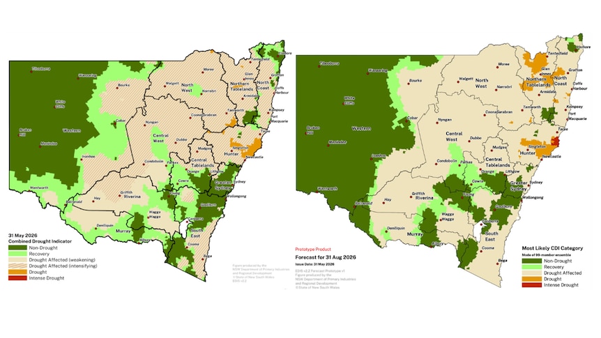 Two maps showing worsening drought conditions between May and August in much of north east NSW