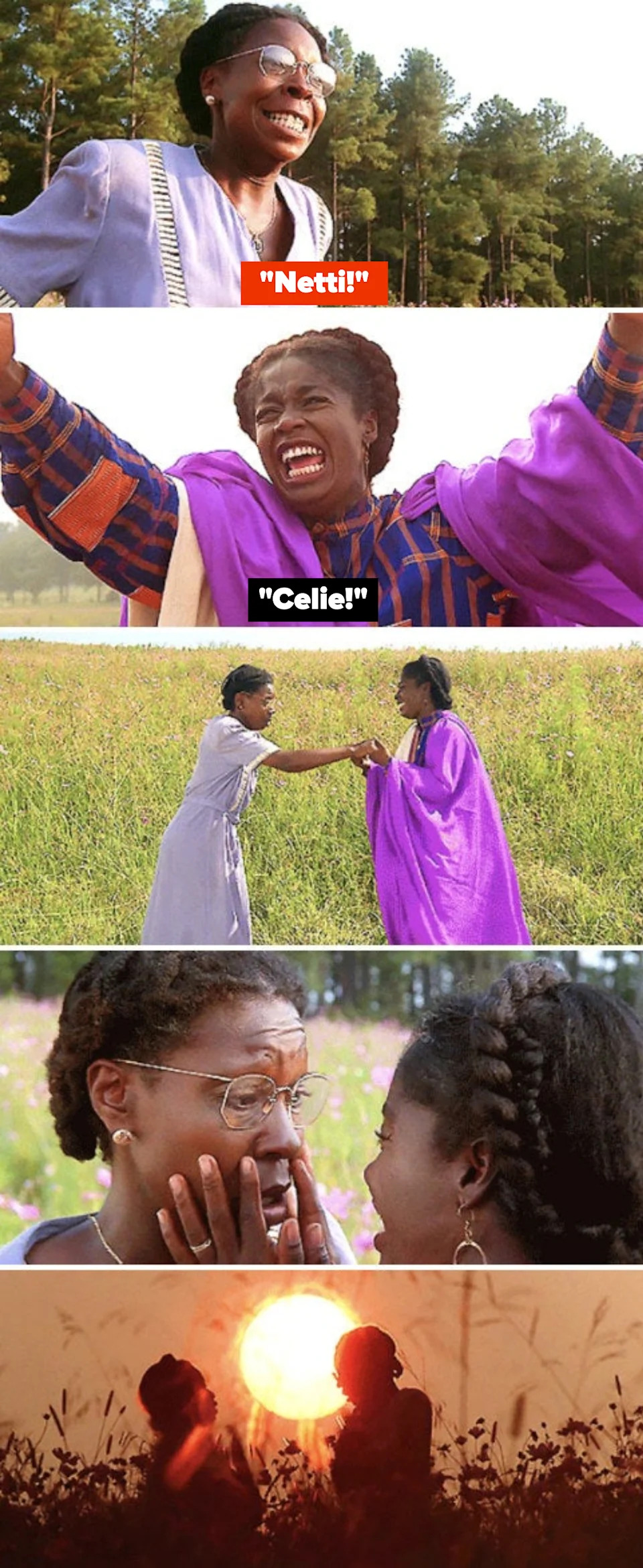 Celie and Nettie reuniting in the field at the end of "The Color Purple"