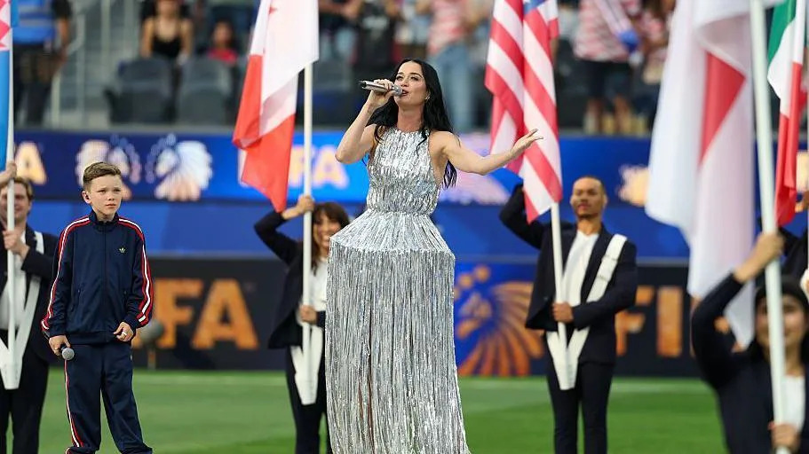 Katy Perry and 10-year-old Norwegian singer Tius Luka perform Wonder live during the Opening Ceremony before the FIFA World Cup 2026 Group D match between USA and Paraguay at Los Angeles Stadium on June 12, 2026 in Los Angeles, California.