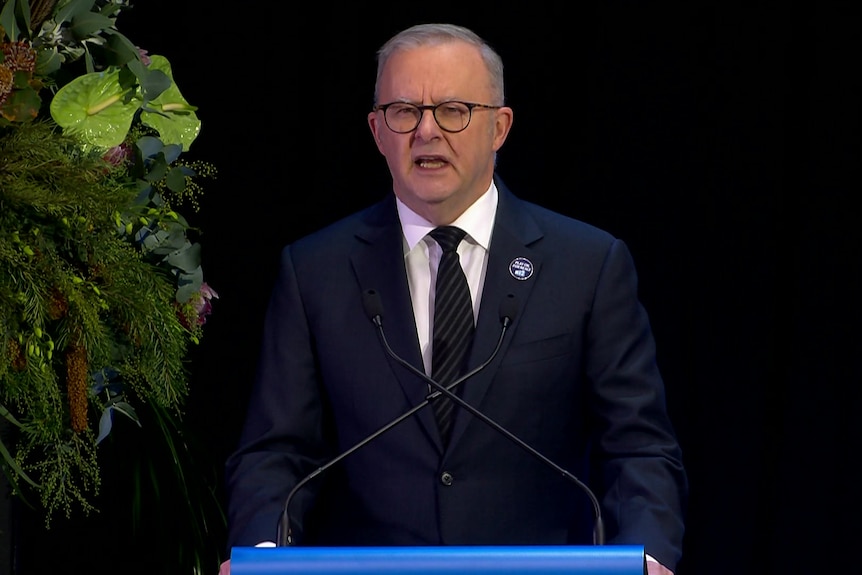 A man with grey hair, dark rimmed glasses in a dark suit and tie talks into a microphone at a lecturn.