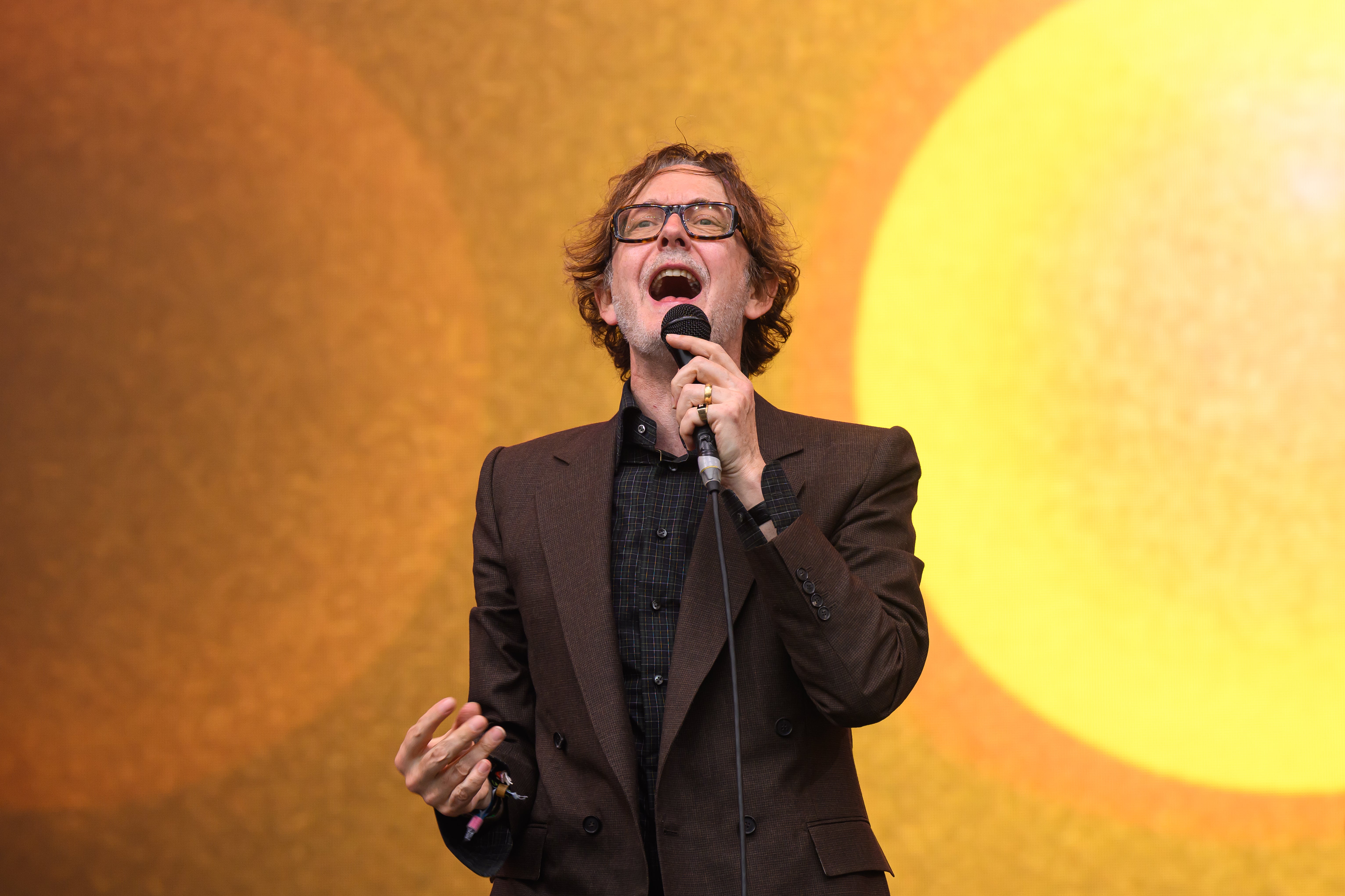 Jarvis Cocker of Pulp performs on the Pyramid Stage during day four of Glastonbury festival 2025 at Worthy Farm, Pilton on June 28, 2025 in Glastonbury, England