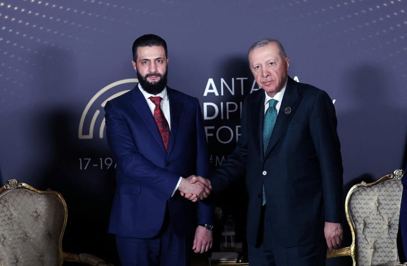 Turkey's President Tayyip Erdogan meets with Syria's President Ahmed al-Sharaa on the sidelines of Antalya Diplomacy Forum in Antalya, Turkey, April 17, 2026.