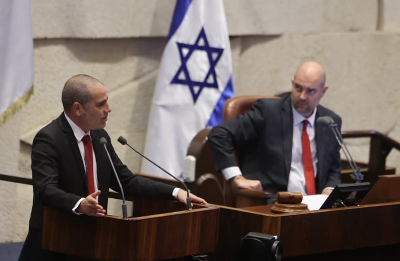 Coaltion whip Ofir Katz speaks on May 20, 2026 as coalition’s bill to dissolve the Knesset passed its preliminary reading in the Knesset plenum.