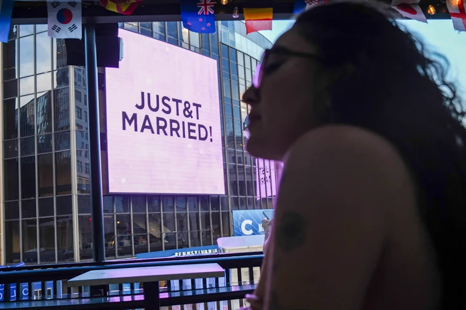 A "Just Married" sign is displayed on Madison Square Garden during a wedding between singer Taylor Swift and National Football League player Travis Kelce on Friday, July 3, 2026, in New York. (AP Photo/Ryan Murphy)