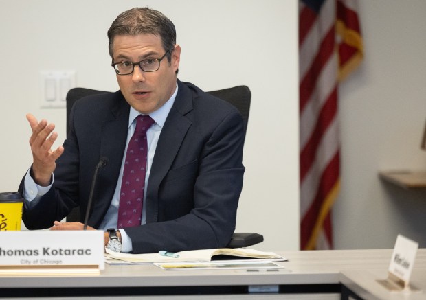 Tom Kotarac, member of the Regional Transportation Authority board, speaks during an RTA board meeting in Chicago's Loop, June 1, 2026. (Josh Boland/Chicago Tribune)