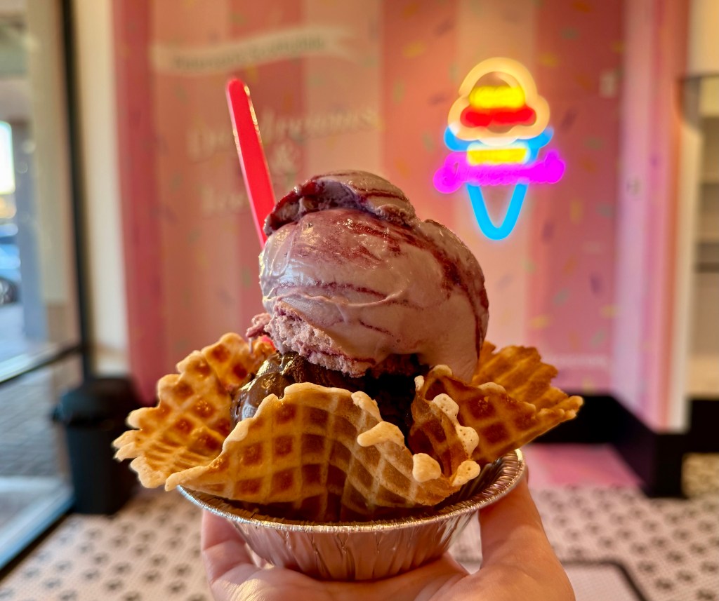 A waffle cup with two scoops of ice cream from Petersen's Ice Cream and Cafe in Scottsdale.
