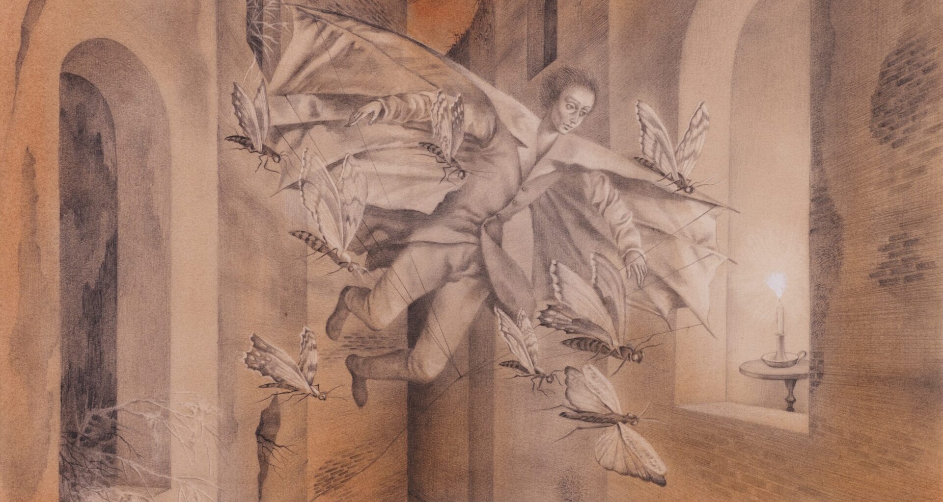 a surreal painting by Remedios Varo of Icarus flying through an architectural space