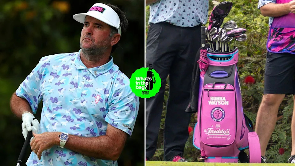 Bubba Watson hits a driver and a close up of his bag.