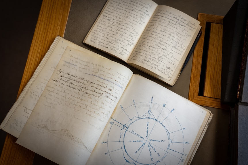 Notebooks display weather readings and images from the early 1900s