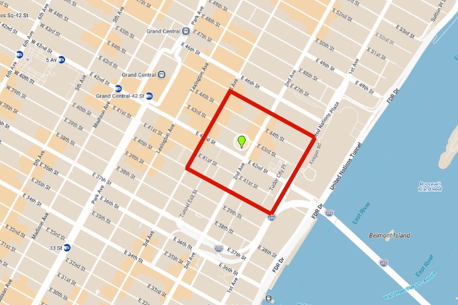 New York City officials created a zone where pedestrians and vehicles were banned. The zone ran between First and Third avenues and 45th Street and East 40th Street. The building's location is marked with a green dot