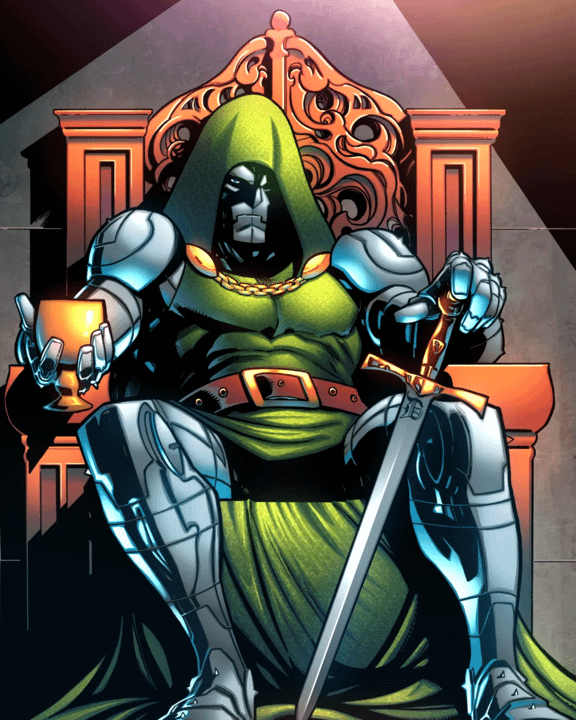 Doctor Doom sitting on a wooden throne.