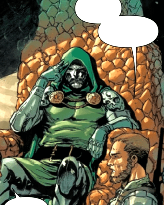 Doctor Doom sitting on a throne made of the Thing's body.