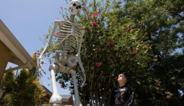 Giant skeletons are staying up long past Halloween in Los Angeles