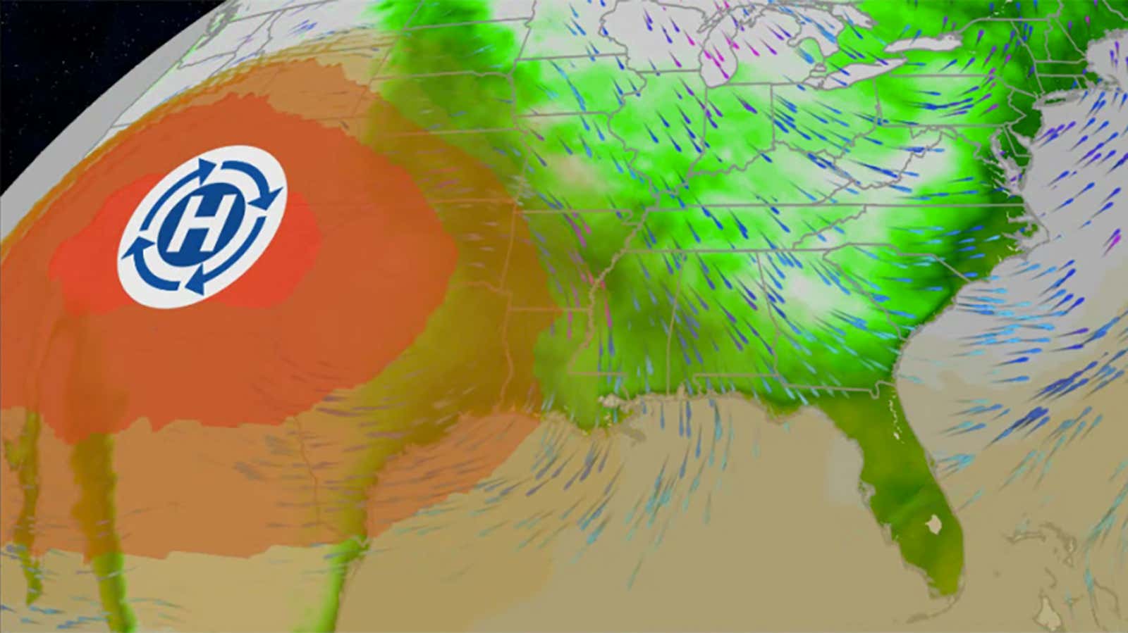 Weather map of eastern US showing high pressure system symbol over red zone with green precipitation patterns and wind direction arrows