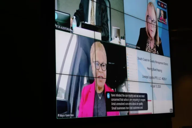 A zoom video on multiple screens with LA Mayor Karen Bass, two other people, and a presentation across the screens.