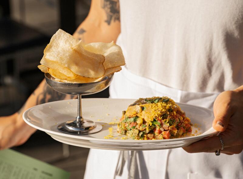 Beef tartare with potato chips at Sqirl in Los Angeles.