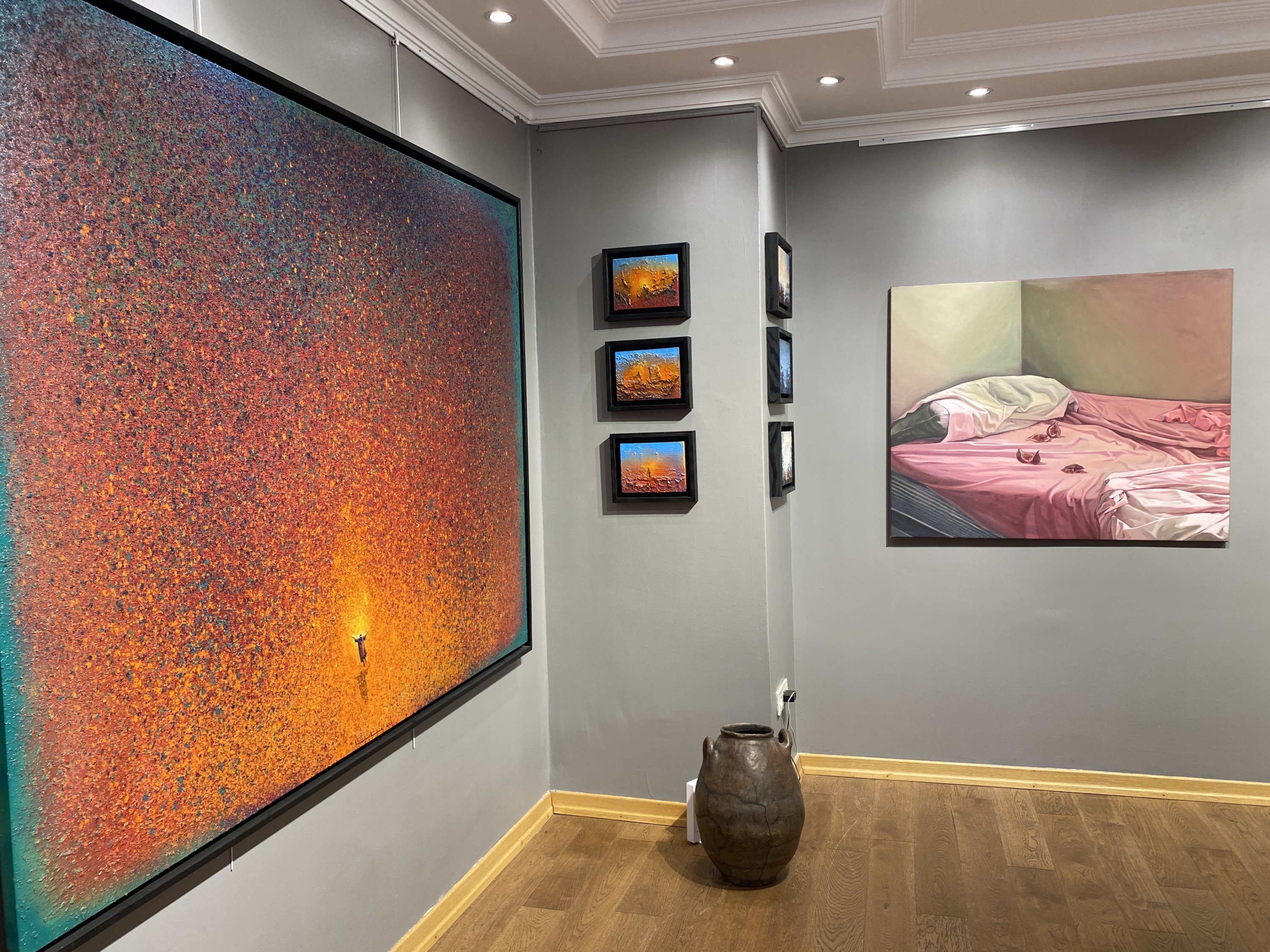 Works from the “7/7 - Seven Divided by Seven” exhibition are displayed on the walls at Artmahall Kabataş, Istanbul, Türkiye, Aug. 29, 2026. (Photo courtesy of Asu Yıldız Tekin)