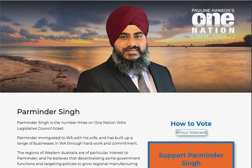 A screenshot of a webpage showing Parminder Singh, a man with beard and burgandy turban, with One Nation logo.