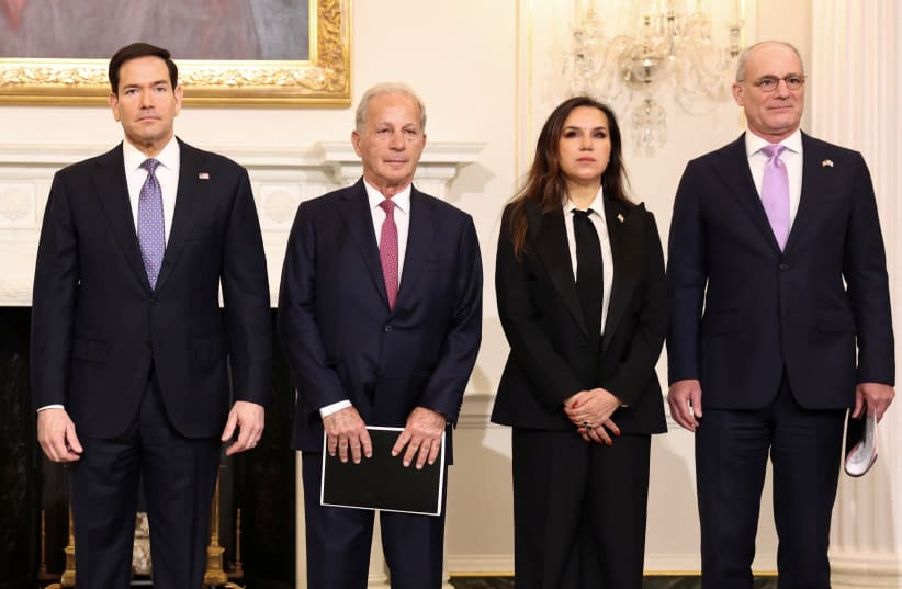 US Secretary of State Marco Rubio, US Ambassador to Lebanon Michel Issa, Lebanon Ambassador to the US Nada Hamadeh Moawad and Israel Ambassador to the US Yechiel Leiter pose for a photo before their meeting at the State Department in Washington, DC, US, April 14, 2026. 