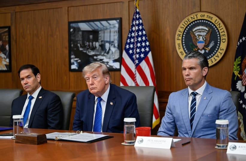 US President Donald Trump, Secretary of State Marco Rubio and Secretary of Defense Pete Hegseth participate in a cabinet meeting at Camp David in Thurmont, Maryland, US, July 31, 2026.