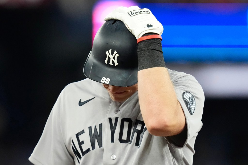 Ben Rice reacts in frustration after flying out during the eighth inning of the Yankees' 4-1 loss to the Blue Jays on Aug. 15, 2026 in Toronto.