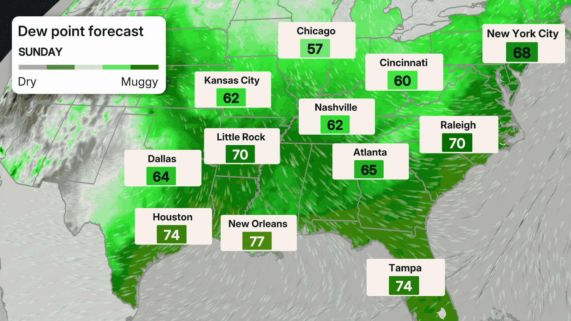 US map showing Saturday dew point forecast for major cities, ranging from 64 in Chicago to 77 in New Orleans