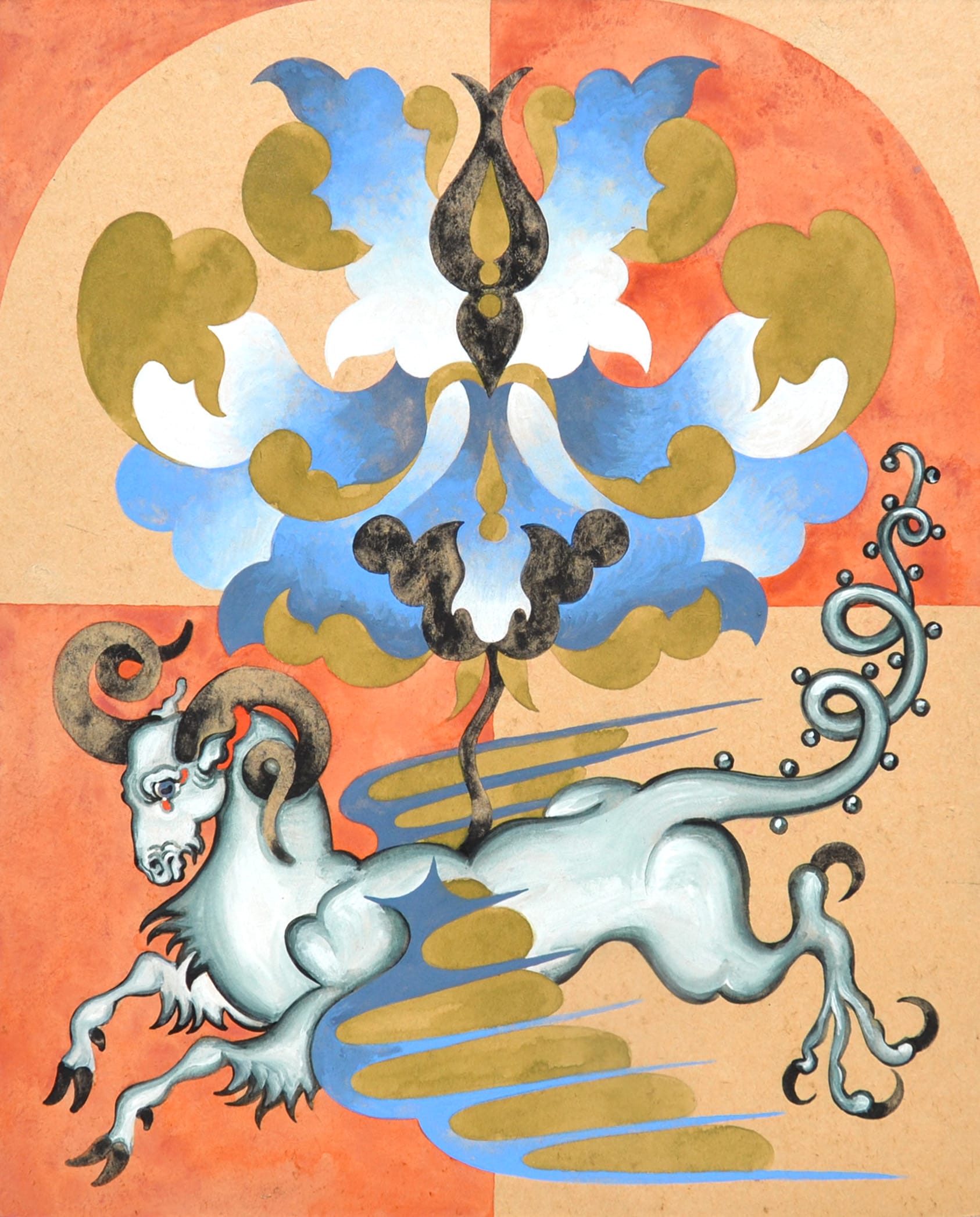 a mystical work by lou benesch featuring an ox-like animal and organic shapes emerging from the top