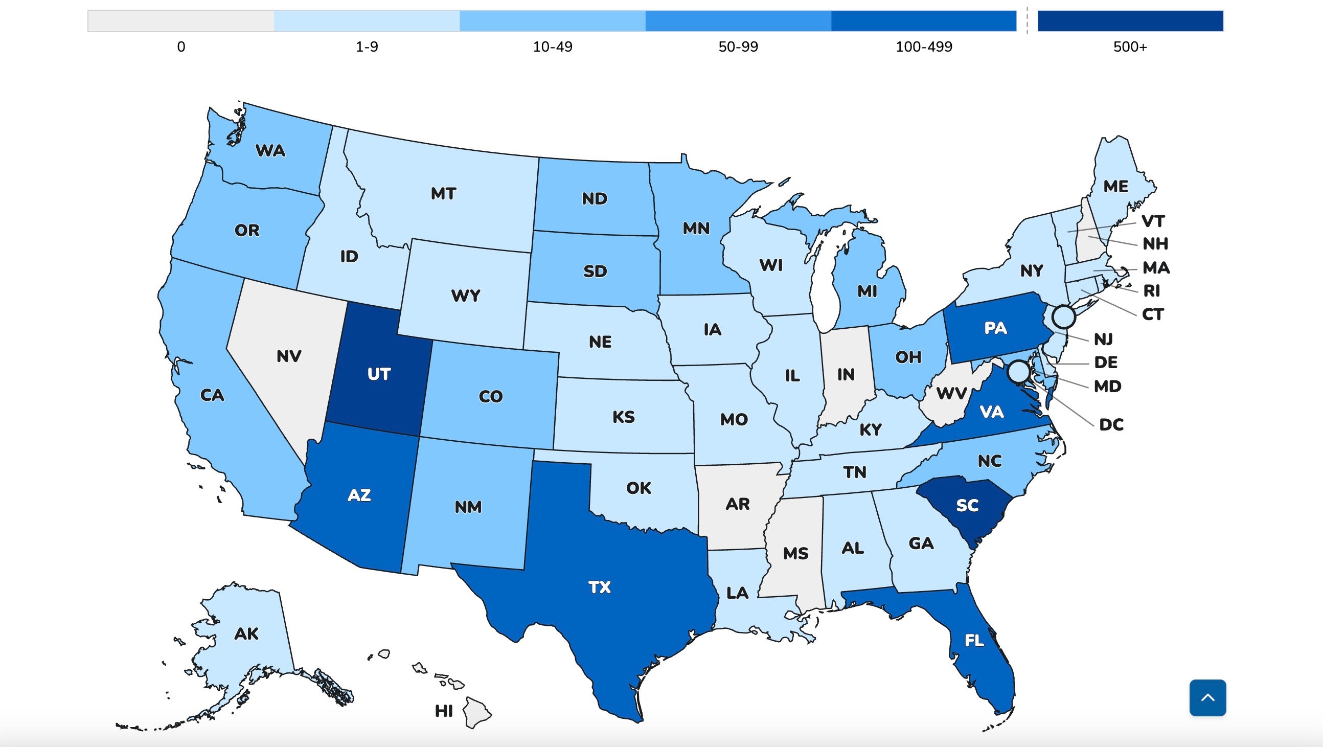 This map from the CDC shows measles cases across the U.S. so far this year. The states with the highest case levels are shown in darker blues and those with the lowest levels are shown in lighter blues