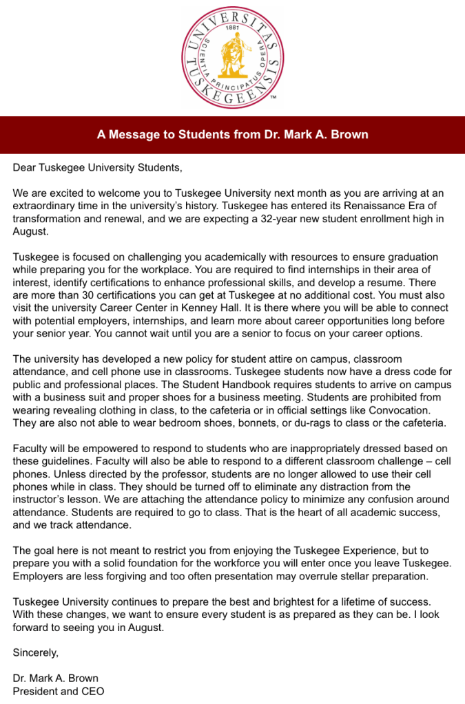Letter to Tuskegee University students from Dr. Mark A. Brown, President and CEO.