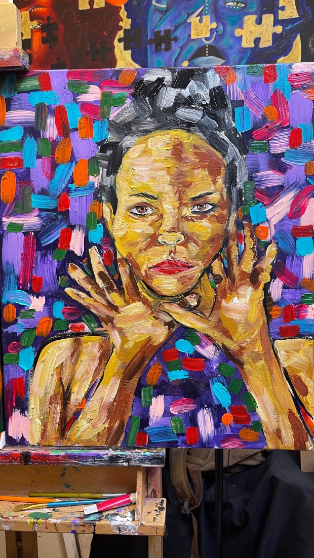 "Inception," a 2026 acrylic on canvas by Bryttney-Mischele Salvant, is part of "Phosphene," presented by Space 4 Art at Art Produce in North Park. (Space 4 Art)