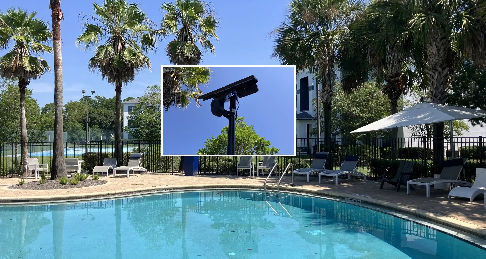 A composite image of a Flock camera looking at a swimming pool on a sunny day