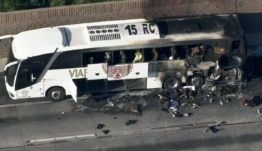 One killed after tour bus catches on fire on L.A. freeway