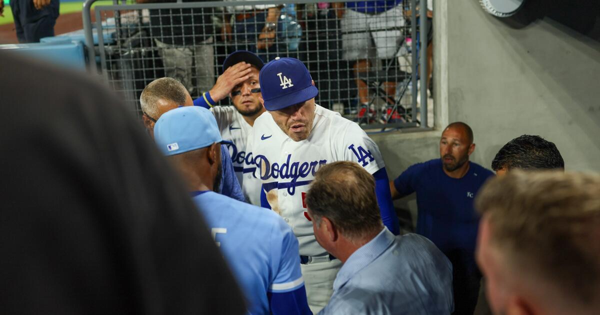 Dodgers' Freddie Freeman appears to avoid serious injury in fall down dugout steps