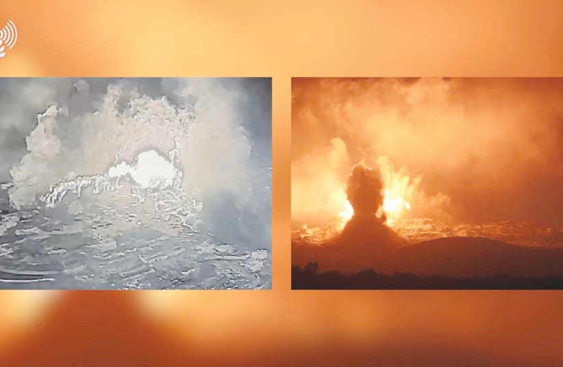 Split screen of two videos of blasts, one shot in thermal imaging, that show the IDF destroying underground infrastructure used by Hezbollah, in Majdal Zoun, southern Lebanon. Videos released June 28.