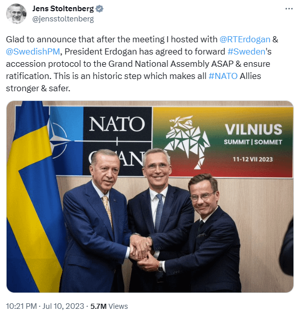 First results from Vilnius NATO Summit. Erdogan promises the ratification of Sweden.