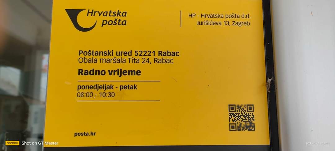 Hrvatska pošta na Rabcu (turističkoj destinaciji) radi 2.5 sata dnevno