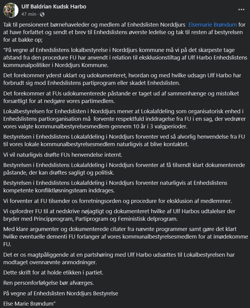 Opfølgning på gårsdagens post om eksklusionstruet, påstået transfob og medlem af Enhedslisten Ulf Harbo Kusk - lokalafdelingens reaktion
