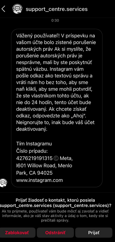 Pozor scam na instagrame, neklikat na linky, nereagovat.