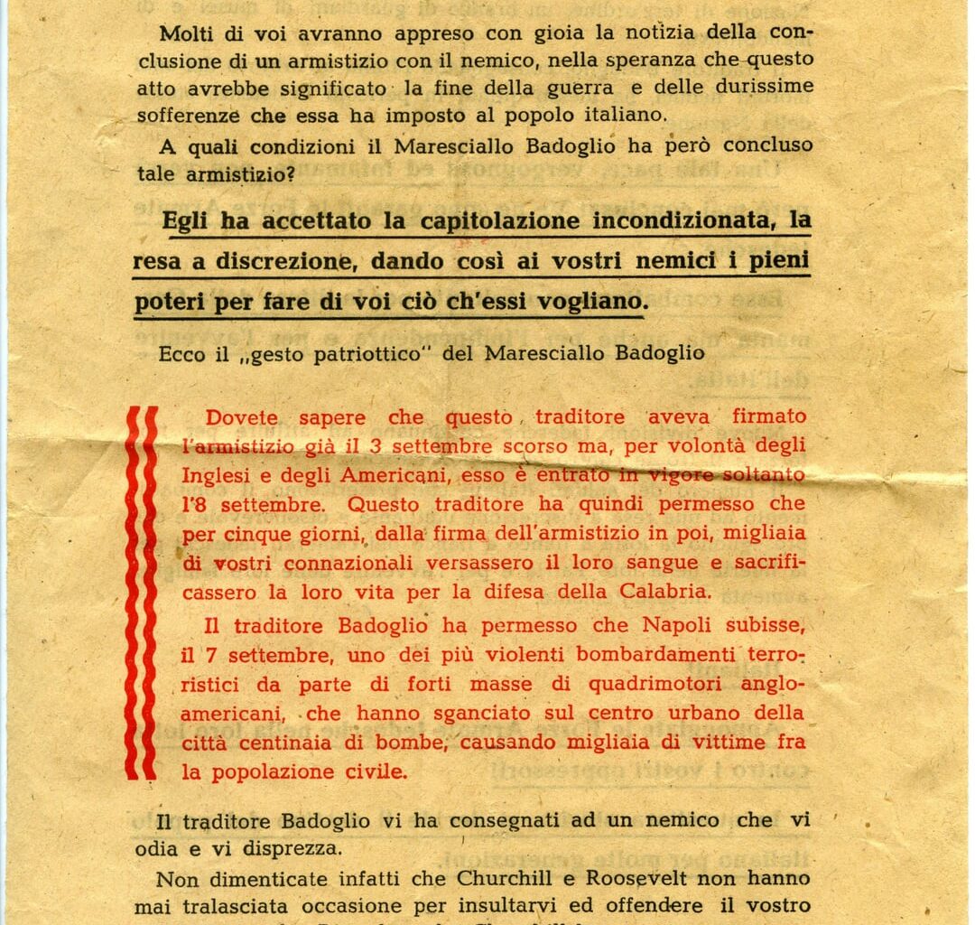 Sono passati pochi giorni dall'anniversario dell'armistizio dell'8 settembre 1943. Questo volantino di propaganda fu distribuito in Piemonte dall'esercito tedesco nei giorni seguenti, facendo presagire quello che sarebbe seguito con l'occupazione e la RSI.