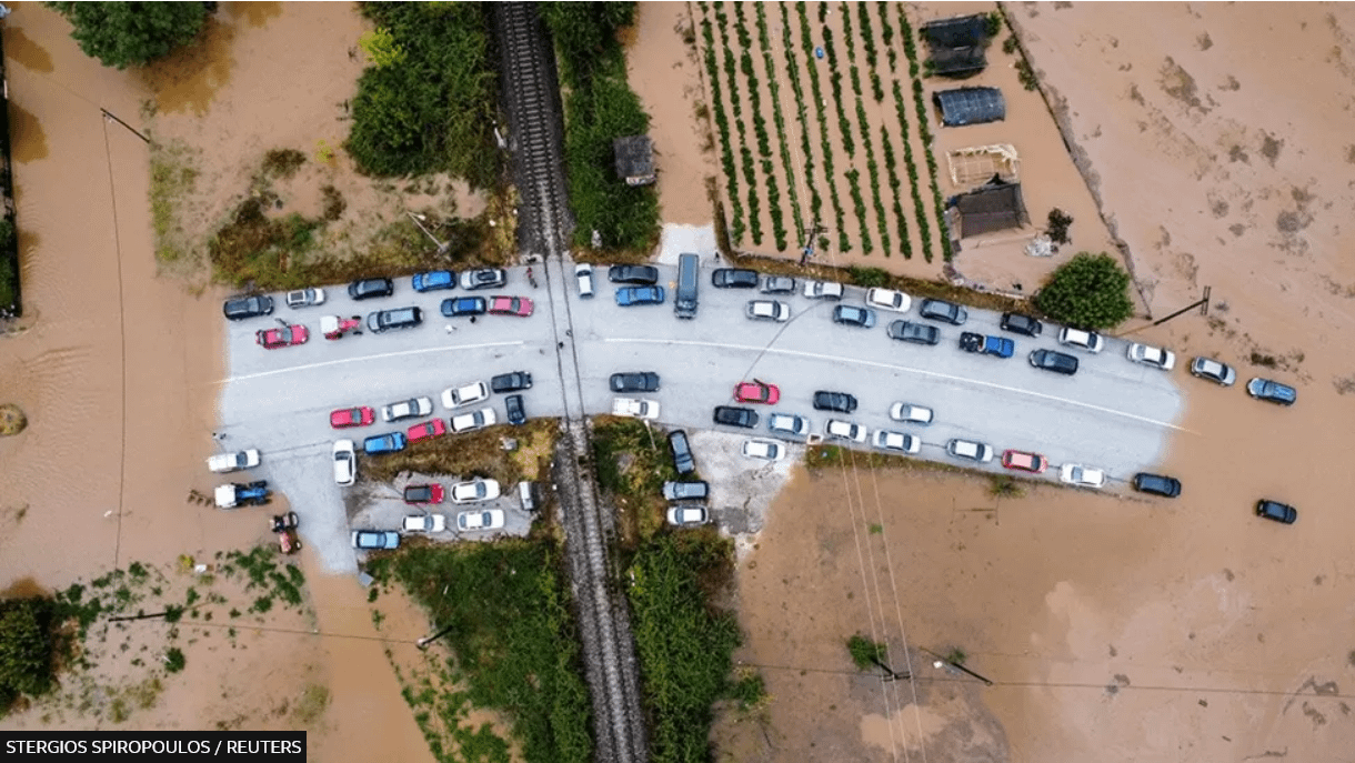 Storm Daniel left cars stranded on a bridge in the village of Flamouli in Greece