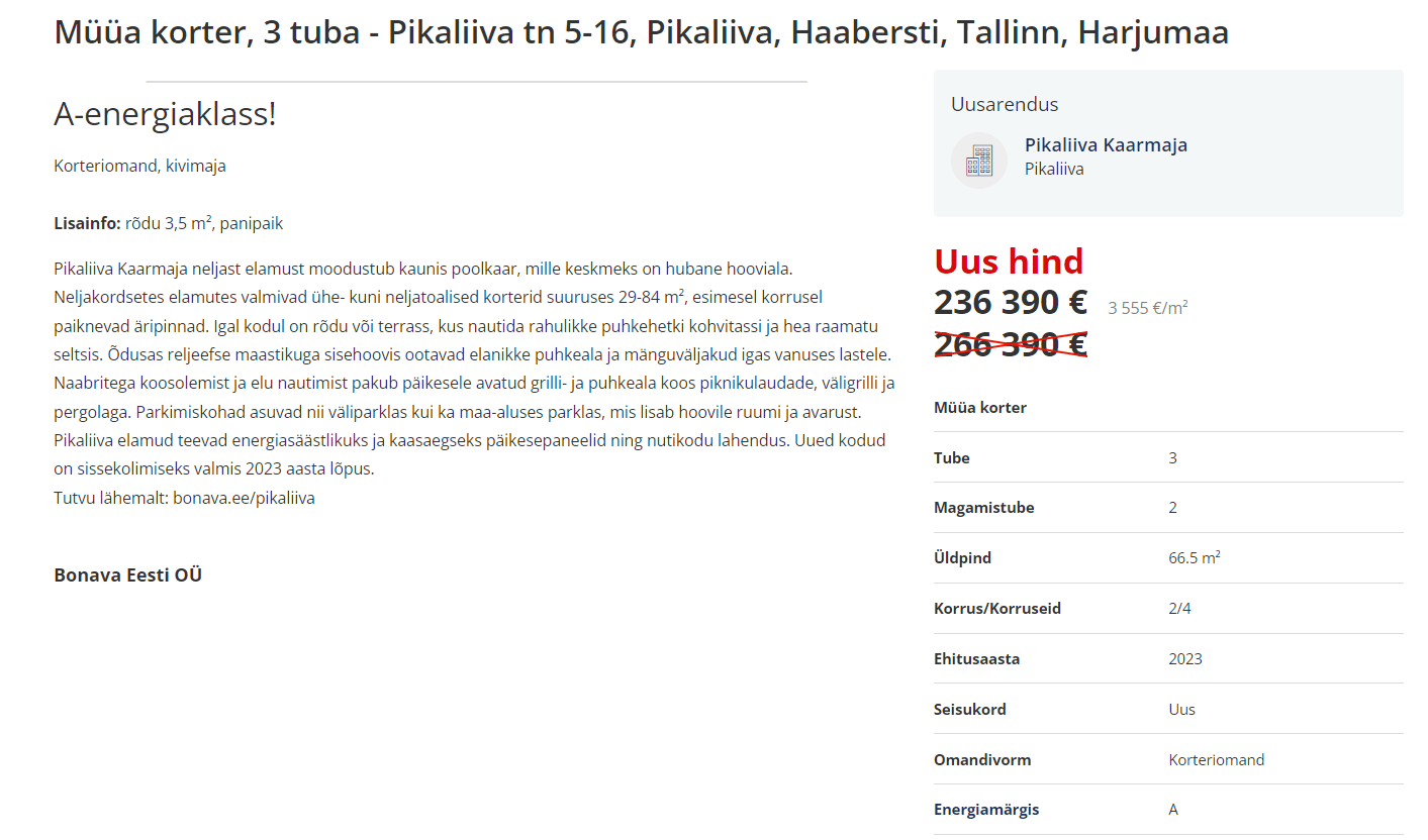 Bonava alustas uute arenduste puhul -30 000 euro (-11%) allahindluse katsetamist