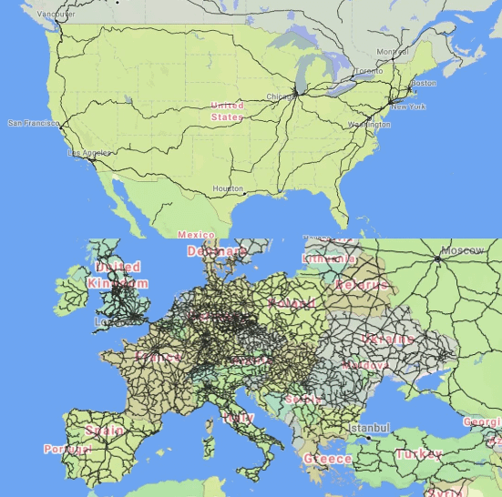 Passenger train lines in the United States vs Europe.
